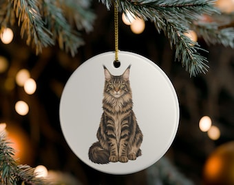Weihnachtsschmuck mit Maine-Coon-Motiv | Keramik-Baumschmuck für Katzen | Lustiger Katzenspruch | Geschenk für Besitzer schwarzer Katzen | Ideal als kleines Weihnachtsgeschenk für Katzenmütter und -väter