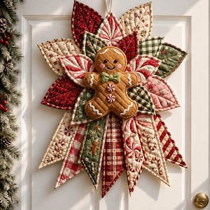 May include: A quilted fabric wall hanging shaped like a star, featuring a central gingerbread person figure with a green bow tie. The design incorporates red, green, and cream fabrics with patterns of candy canes, peppermint swirls, and plaid.