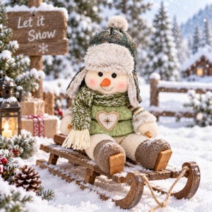 Plush Standing Christmas Snowman with Trapper Hat & Heart Patch, Ski Boots Snowman Figurine, Farmhouse Holiday Decor, Tabletop Decoration