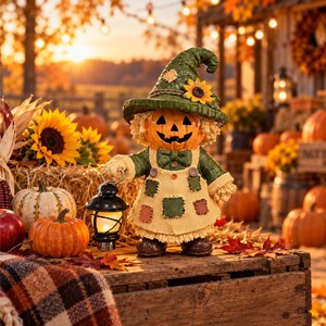 May include: A decorative pumpkin-headed figure wearing a green hat with a sunflower, a green long-sleeved shirt, and a cream-colored apron with green and brown patches. The figure holds a small black lantern and features a carved jack-o'-lantern face.