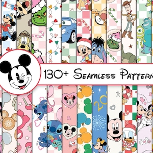 May include: A digital collection of 130+ seamless patterns featuring various cartoon characters, including Mickey Mouse, Minnie Mouse, Stitch, and others, displayed in vertical strips with colorful backgrounds, hearts, and holiday motifs.