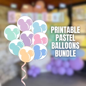 May include: A cluster of eight circular balloons in pastel colors, each featuring a silhouette of a mouse head. The balloons are light blue, mint green, lavender, pink, and peach. The text PRINTABLE PASTEL BALLOONS BUNDLE is displayed.