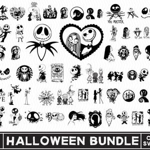 May include: A collection of over 70 black and white digital graphic files featuring characters and motifs from The Nightmare Before Christmas, including Jack Skellington and Sally in various poses, hearts, and text elements like This is Halloween.