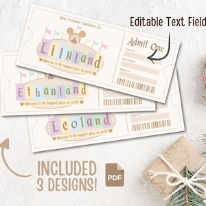 May include: Three rectangular paper tickets with a cream background, featuring pastel-coloured letter blocks spelling Lilyland, Ethanland, and Leoland. Each ticket includes a barcode, an Admit One section, and the text Welcome to the happiest place on earth.