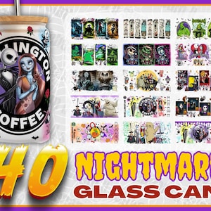 Könnte beinhalten: Ein dosenformiges Glas mit Bambusdeckel und Strohhalm, das eine Grafik von Jack Skellington und Sally mit dem Text Skellington Coffee zeigt. Daneben befindet sich ein Raster mit 40 verschiedenen Designvorlagen für die Glasumhüllung.