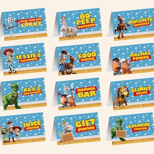 May include: A set of twelve folded rectangular cards featuring Toy Story characters against a blue cloud wallpaper background. Each card displays a unique character and text labels including Make Your Own Forky, Bo Peep Popcorn, Bullseye Brownies, Jessie's Haystacks, Food Station, Mr & Mrs Potato, Rex's Dino Nuggets, Momosa Bar, Slinky Pasta, Juice Station, Gift Station, and Coloring Station.