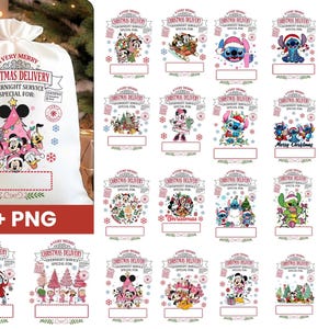 Dinsey tecknad jultomtepåse PNG-paket, tygväska PNG, lägg till barnnamn PNG, personlig högtidlig jul, anpassad tecknad jul PNG