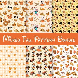 Pode incluir: Um gráfico digital apresentando seis padrões contínuos distintos com temas de outono, incluindo silhuetas do Mickey Mouse, abóboras, folhas de outono, bolotas e alimentos sazonais. O texto "MICKEY FALL PATTERN BUNDLE" está centralizado em branco.