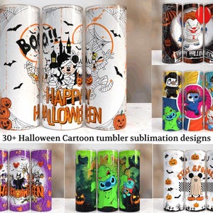 May include: A collection of cylindrical tumblers featuring various Halloween-themed cartoon character designs, including mummified mice, ghosts, and horror-inspired figures, with text reading 30+ Halloween Cartoon tumbler sublimation designs.