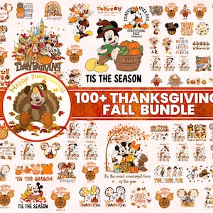 Puede incluir: Una colección digital de más de 100 diseños gráficos con temática de Acción de Gracias y otoño, que incluye personajes de dibujos animados, calabazas, hojas de otoño y textos como Happy Thanksgiving, Tis the Season y 100+ Thanksgiving Fall Bundle.