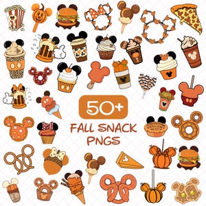 Puede incluir: Una colección de más de 50 ilustraciones digitales con aperitivos y dulces de temática otoñal con motivos de orejas de Mickey Mouse, incluyendo palomitas, hamburguesas, cupcakes, pretzels y bebidas, con el texto 50+ FALL SNACK PNGS en el centro.