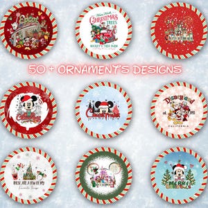 May include: A collection of nine circular ornament designs featuring various Disney-themed Christmas illustrations, including characters like Mickey and Minnie Mouse, holiday text, and festive motifs, all framed by a red and white candy cane border.