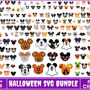 Może przedstawiać: Cyfrowa kolekcja ponad 220 plików graficznych o tematyce Halloween, zawierająca różne sylwetki uszu myszy, dynie, duchy, nietoperze i pajęczyny w kolorach czarnym, pomarańczowym, białym i zielonym. Tekst głosi 220+ FILES HALLOWEEN SVG BUNDLE FOR CRICUT.