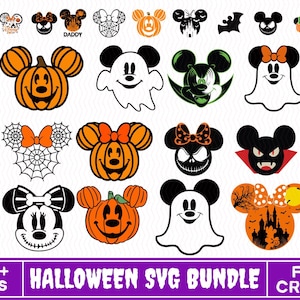 May include: A digital collection of Halloween-themed graphic icons featuring mouse-ear silhouettes, pumpkins, ghosts, bats, and spiderwebs in orange, black, white, and green. The text at the bottom reads 220+ FILES HALLOWEEN SVG BUNDLE FOR CRICUT.