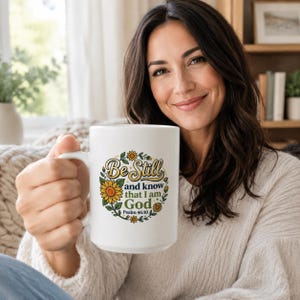 May include: A white ceramic mug featuring a circular graphic of yellow sunflowers and green leaves surrounding the text "Be Still and know that I am God" followed by "Psalm 46:10" in a mix of cursive and bold dark green lettering.