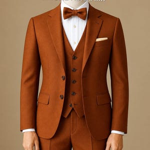 Men's Orange 3-Piece Velvet Suit, Custom Fit Blazer Vest Trousers, Formal Groom Wear