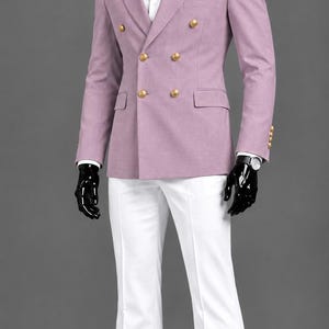 Men's Pink Double-Breasted Blazer, White Trousers, Custom Tailored Suit (Wedding, Formal)