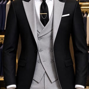 Handmade Black Grey 3 Piece Mens Suit, Formal Wedding Groom Tuxedo