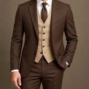 Traje de hombre de 3 piezas marrón, chaleco beige, ropa formal hecha a medida.