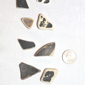May include: A collection of eight irregular ceramic shards featuring black and white patterns, arranged alongside a coin for scale. The pieces vary in shape and size, displaying weathered edges and distinct monochromatic designs on their surfaces.