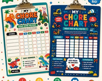 May include: Two printable chore charts for kids featuring colorful dinosaur and construction vehicle themes. The charts include sections for daily tasks, weekly tracking, and goal setting, with motivational text and religious verses in English.