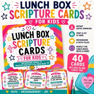 May include: A set of 40 colorful lunch box scripture cards for kids featuring rainbow wavy backgrounds, stars, hearts, and crosses. The cards display encouraging verses and text like God Says, I Can Do All Things, and You Are Loved, with icons.