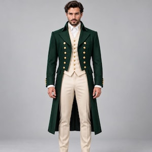 Men's Green Victorian Tailcoat, Regency Military Style, Gothic Formal Jacket (Custom Made)