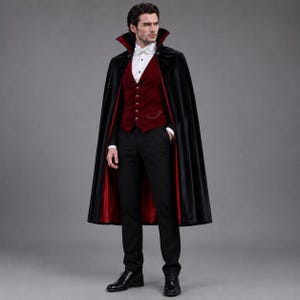Svartröd viktoriansk gotisk vampyrkappa för män, knälång formell klädsel, specialtillverkad