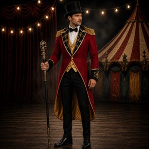 Può includere: Un costume da presentatore di circo composto da un frac rosso con spalline a frange dorate, polsini neri con ricami dorati e un gilet color oro. L'abbigliamento include un cilindro nero, una camicia bianca, un papillon nero e un bastone da passeggio.