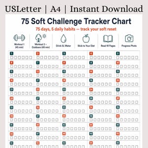 May include: A 75 Soft Challenge Tracker Chart with the text USLetter | A4 | Instant Download. The chart features 75 days of numbered boxes and icons for daily habits including a dumbbell, tree, water drop, apple, book, and camera for tracking progress.