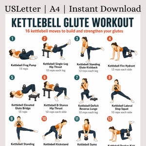 May include: A digital workout chart titled KETTLEBELL GLUTE WORKOUT with the text USLetter | A4 | Instant Download. It displays 12 numbered illustrations of a person in an orange top and black leggings performing various kettlebell exercises.