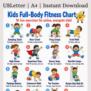 Könnte beinhalten: Ein Ganzkörper-Fitness-Diagramm für Kinder mit 16 nummerierten Übungen und Illustrationen von Kindern, die Bewegungen wie Hampelmänner, Bärengänge und Froschsprünge ausführen, inklusive der Download-Formate USLetter und A4.