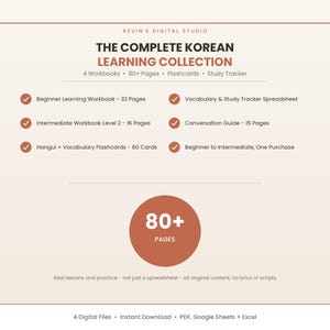 Korean Learning Bundle 4-in-1, 80+ Pages K-Pop K-Drama Workbooks, Flashcards, Grammar Vocabulary Conversation Practice PDF Collection