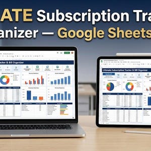 Prenumerationsspårare Google Sheets och Excel, fakturaorganisatör, månatlig utgiftsspårare, prenumerationshanterare, finansiell planerare