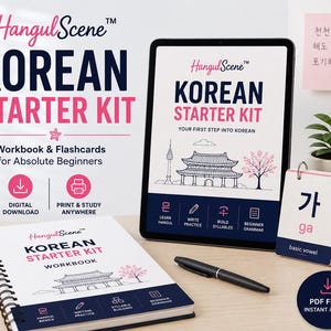 May include: A Korean Starter Kit set including a spiral-bound workbook, a tablet displaying the kit cover, and a stack of flashcards. The materials feature the text HangulScene, Korean Starter Kit, and illustrations of a traditional building.