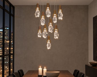Faceted Crystal Glass Cluster Chandelier : 10 Light LED Pendant Lighting - Modern Staircase Ceiling Lamp