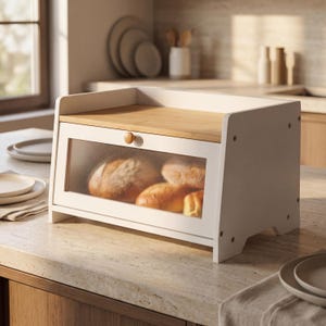May include: A white bread bin with a natural wood top and a front-facing glass window. The bin features a small round wooden knob for opening the door. Inside the bread bin, several golden-brown loaves of bread are visible through the clear glass panel.