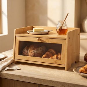 May include: A rectangular bamboo bread bin with a clear glass front panel and a small wooden knob. The top surface holds a small plate with a stick of butter and a glass jar of honey with a wooden dipper. Inside the bin are loaves of bread.