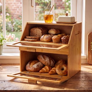 May include: A two-tier bamboo bread bin with clear glass drop-down doors. The top shelf holds sliced bread, rolls, and muffins. The bottom shelf contains artisan loaves, croissants, and a bagel. A honey jar and butter dish sit on top.