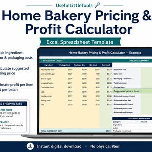 May include: A digital Home Bakery Pricing & Profit Calculator Excel spreadsheet template displayed on a laptop screen. The interface features columns for ingredient costs, package quantities, and pricing summaries, with text labels for tracking labor and profit.