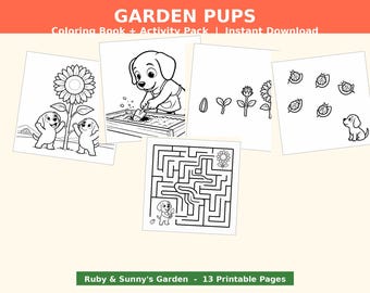 Paquete de actividades para colorear "Cachorros de jardín" / Hojas de trabajo "Ruby Sunny Sunflower" (Descarga digital)