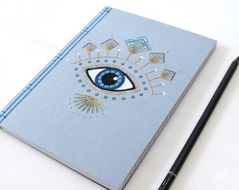 Evil Eye Journal. Evil Eye Notebook. Embroidered Journal. A5 Notebook. Magical Journal. Paper Embroidery. Magical Notebook. Stitch Art.