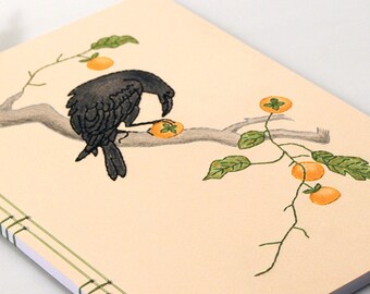 Crow Eating a Persimmon. Embroidered Journal inspired by Japanese Art of Ukiyo-e. A Black Raven in an Fiber Art Journal