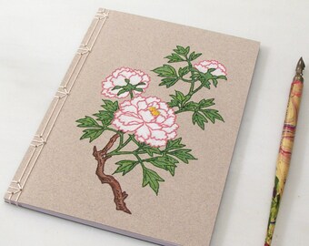 Peony Journal. Hand Embroidered Notebook. Japanese Peony. Floral Notebook. Botanical Journal. Tree Peony. Stitch Art Journal. Asian Art