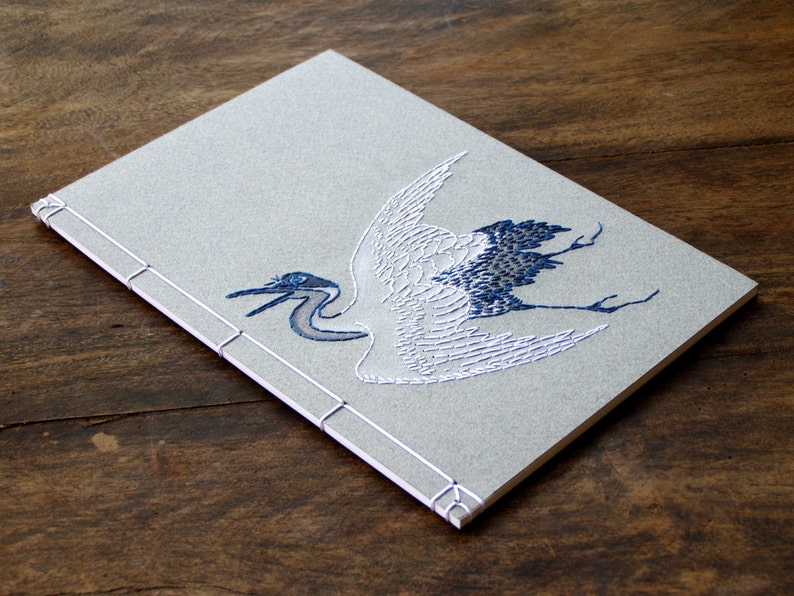 Japanese Crane Journal. Embroidered Notebook. Crane Bird Etsy