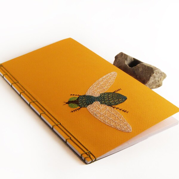 Embroidered Notebook / Fly / Deep Yellow Journal / Orange Stitched Notepad / Insect