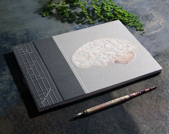 Brain Book. Anatomical Brain Album. Brain Anatomy Sketchbook. Brain Anatomy Guest Book. Embroidered Journal. Japanese Stab Bound. A4 Journal