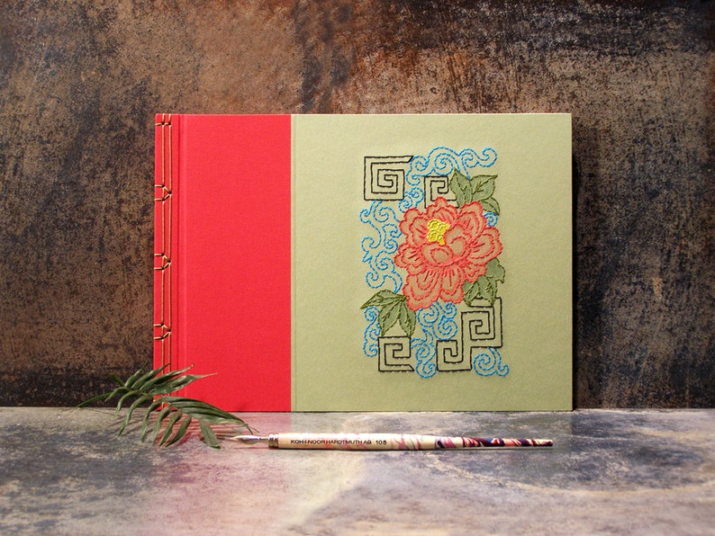 Chinese Peony. Hand Embroidered Sketchbook. Japanese Stab Bound