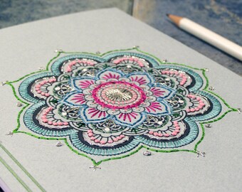 Mandala Journal. Yoga Notebook. Mint Mandala. Embroidered A5 Journal. Boho Notebook. Mandala Journal. Colorful Boho Journal. Stitch Art