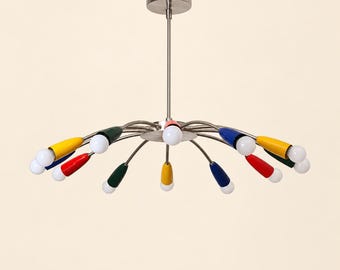 12-flammiger Kronleuchter im Sputnik-Stil der Mid-Century-Moderne, farbenfrohe Kegel-Pendelleuchte, Retro-Deckenleuchte im italienischen Stil, mehrfarbige Leuchte im Messing-Look